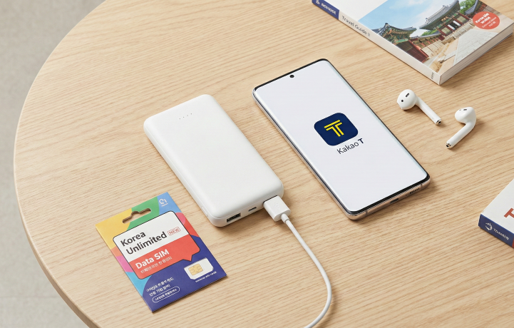A flat-lay photograph of essential travel gear for Korea, including a smartphone running the Kakao T app, a portable power bank, and a prepaid unlimited data SIM card on a wooden table.