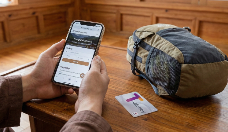Booking Templestay on smartphone with a T-Money card on the table.