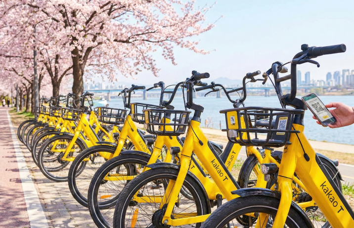 Yellow Kakao T electric bicycles parked under blooming cherry blossom trees by the Han River in Seoul, with a person scanning a QR code.