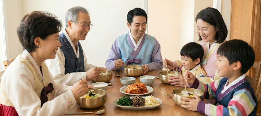 Three generations of a Korean family wearing Hanbok sharing Tteokguk on Seollal morning