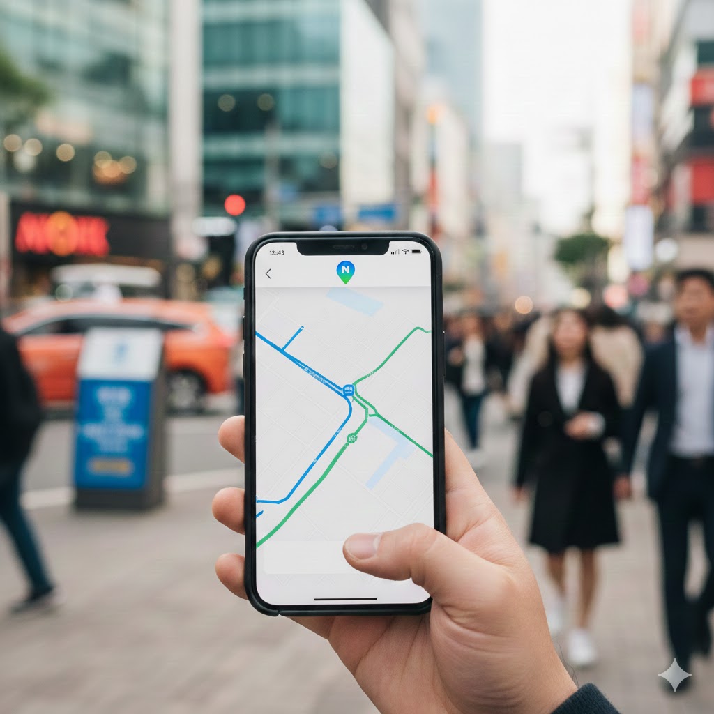 A traveler holding a smartphone with a navigation map in a busy Seoul street, illustrating essential apps for navigating South Korea.