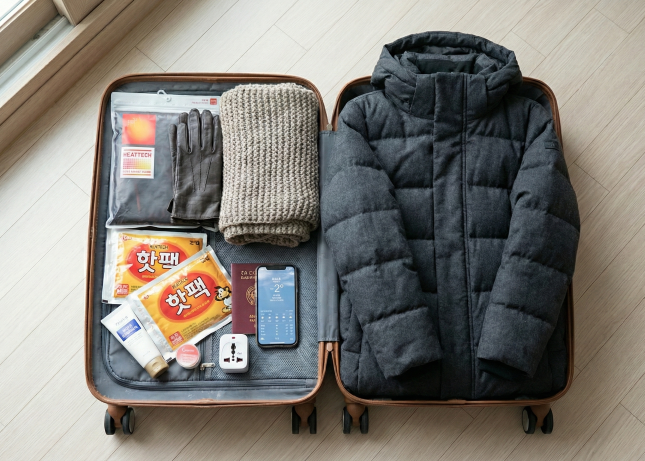 Korea winter travel packing list for February including long padded coat, heattech, and hot packs