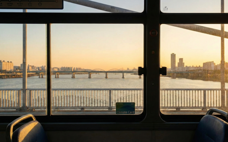 A relaxing view of the Han River at sunset seen from a Seoul bus window, with a Climate Card resting on the ledge symbolizing unlimited travel.