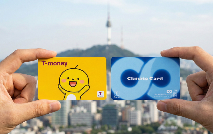 A traveler holding a yellow T-money card and a blue Climate Card with an infinity logo side-by-side against the Seoul skyline featuring N Seoul Tower.