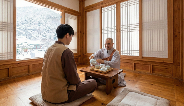 Traveler enjoying tea and conversation with a Buddhist monk.