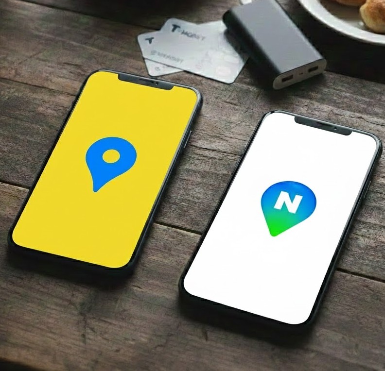 Comparison of Naver Map and Kakao Map apps on smartphones for navigating South Kore