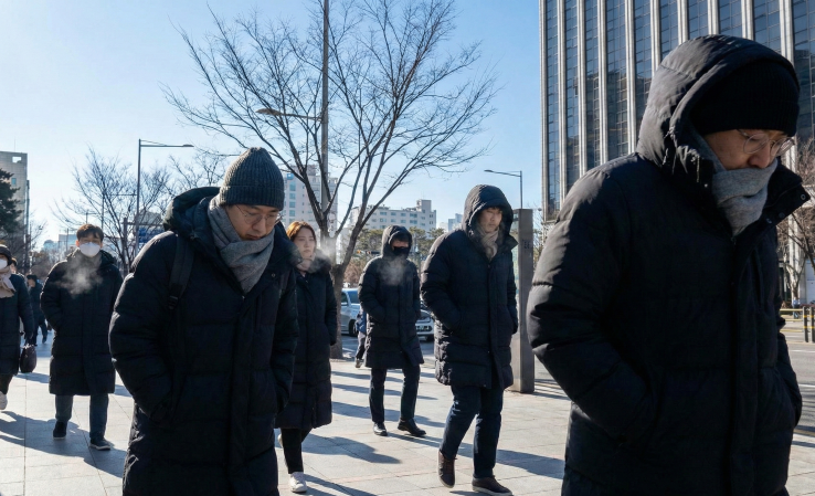 Sunny but cold street scene in Seoul in February, showing people bundled up in thick padded coats due to the wind chill