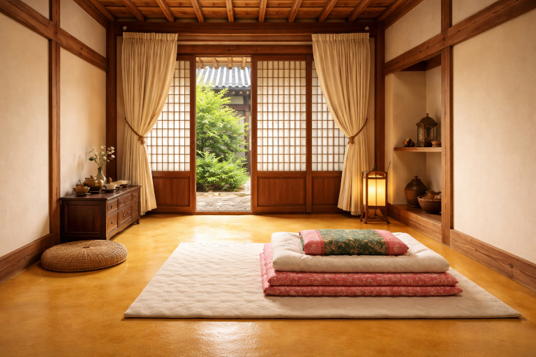 Traditional Korean Ondol floor in a Hanok with warm winter sunlight.