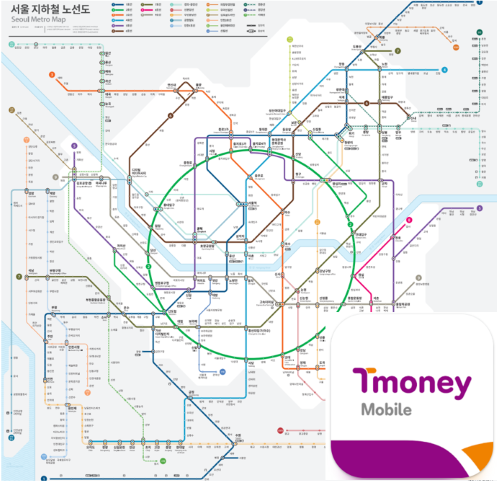 T-money card logo and Korean subway route map.