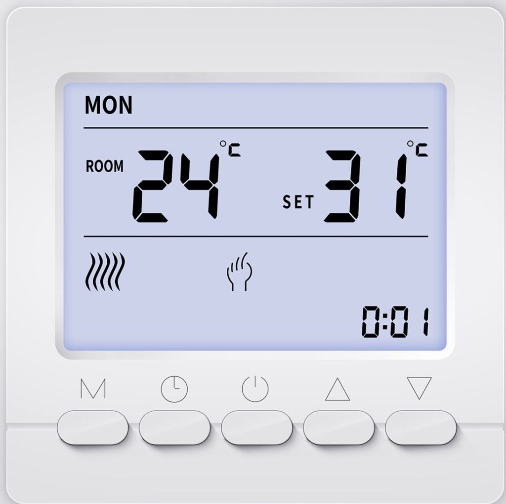 A typical digital thermostat for Ondol floor heating in a Korean house or apartment.