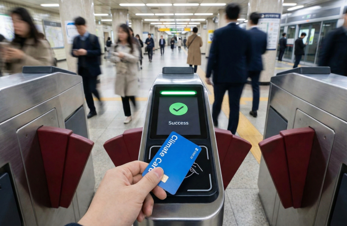 First-person view of a hand tapping the blue Climate Card on a Seoul subway turnstile reader