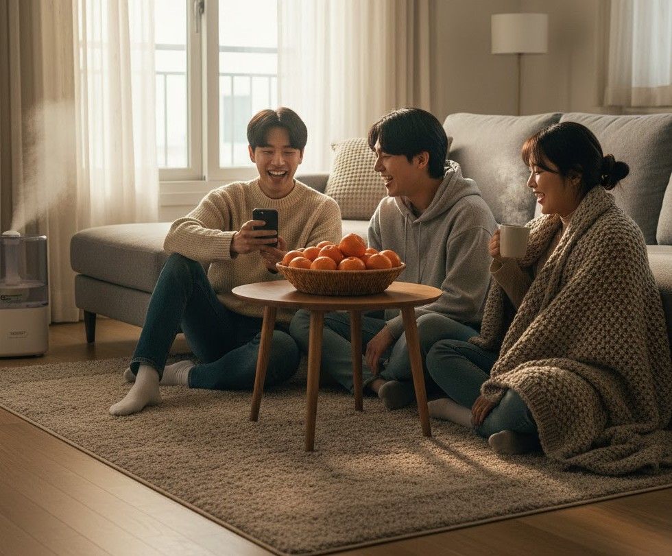 A group of people sitting comfortably on the heated wooden floor of a modern Korean apartment, demonstrating Korea's unique 'Ondol' floor-living culture.