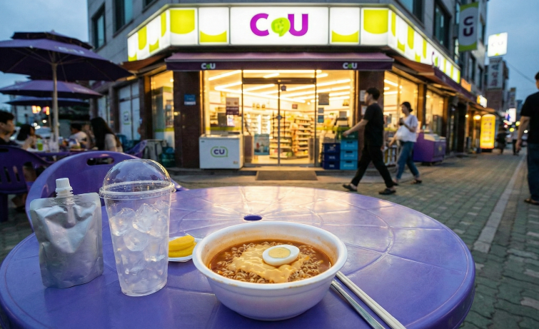 Spicy instant ramen with cheese and an ice cup drink on an outdoor table in front of a glowing CU convenience store in Korea at night.