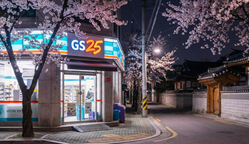 Brightly lit GS25 Korean convenience store at night surrounded by blooming pink cherry blossoms in a quiet neighborhood.