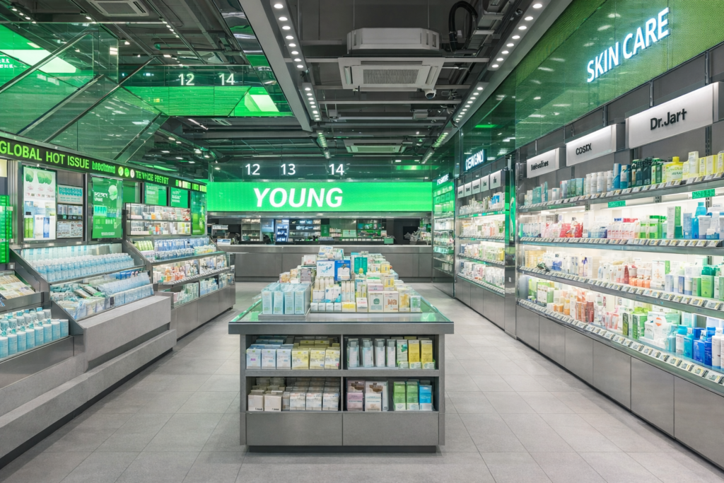 Inside an Olive Young store displaying Korean skincare and beauty products